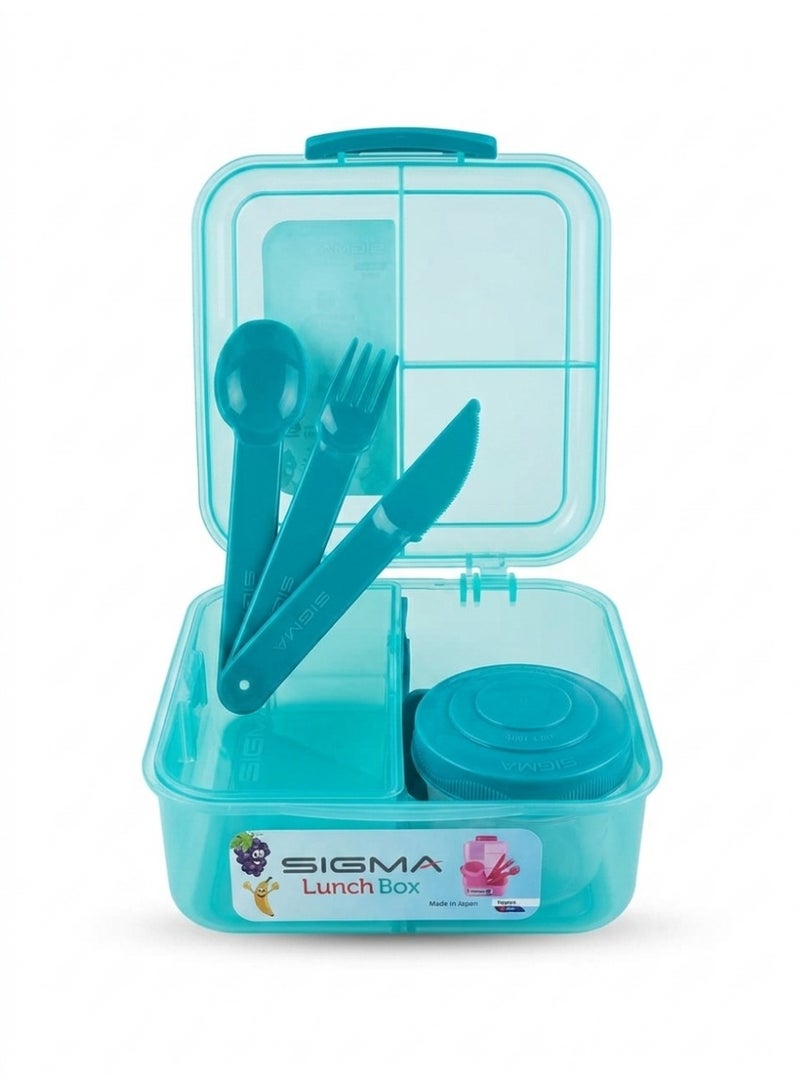 SIGMA Multi-Compartment Kids & Adults Lunch Box (1.25L) with Cutlery Set & Sauce Container –Turquoise - Image 2