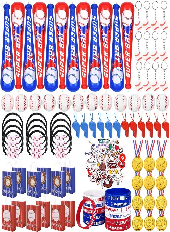 Aneco 144 Pieces Baseball Theme Party Favors with Inflatable Bats Stress Baseballs Keychains Stickers Whistle Medals Bracelets Tote Bags for Sport Party Baseball Decorations Birthday Gifts - Image 1