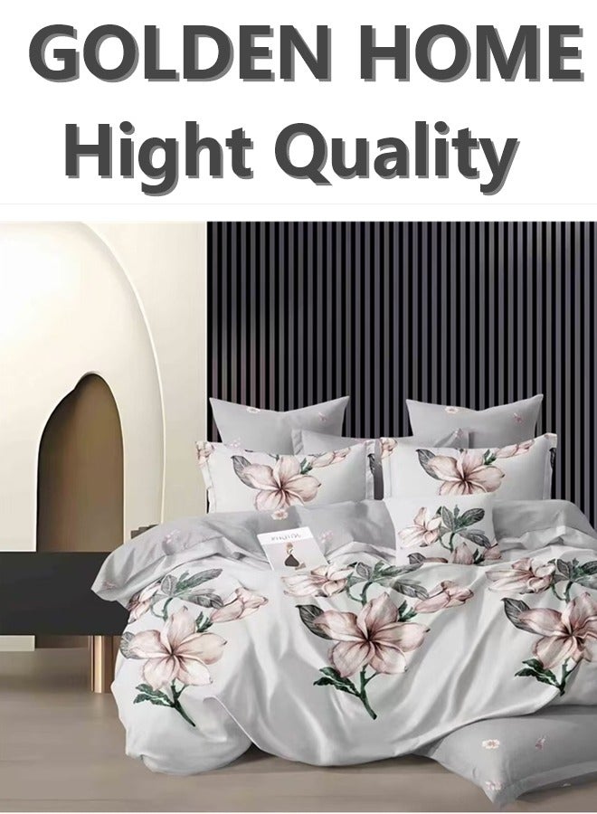 GOLDEN HOME 6pcs Luxury Floral Duvet Cover Set - King Size Hotel Collection with 4 Pillowcases & Fitted Sheet
