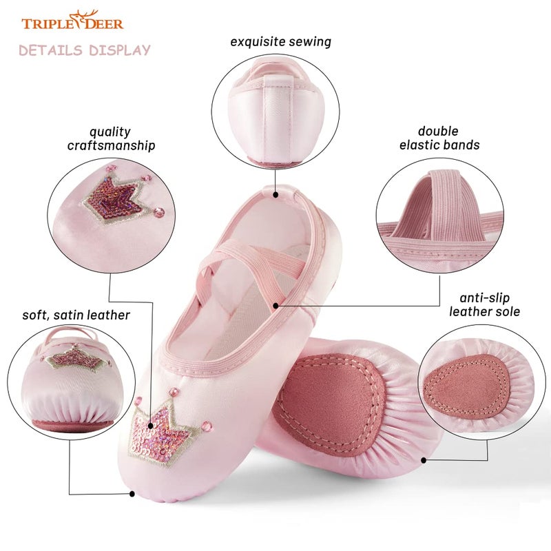 TRIPLE DEER Ballet Shoes for Girls, Satin Dance Practice Slippers Split Soft Leather Flat Sole Yoga Gymnastics Shoes (Toddler/Little/Big Kid) - Image 2
