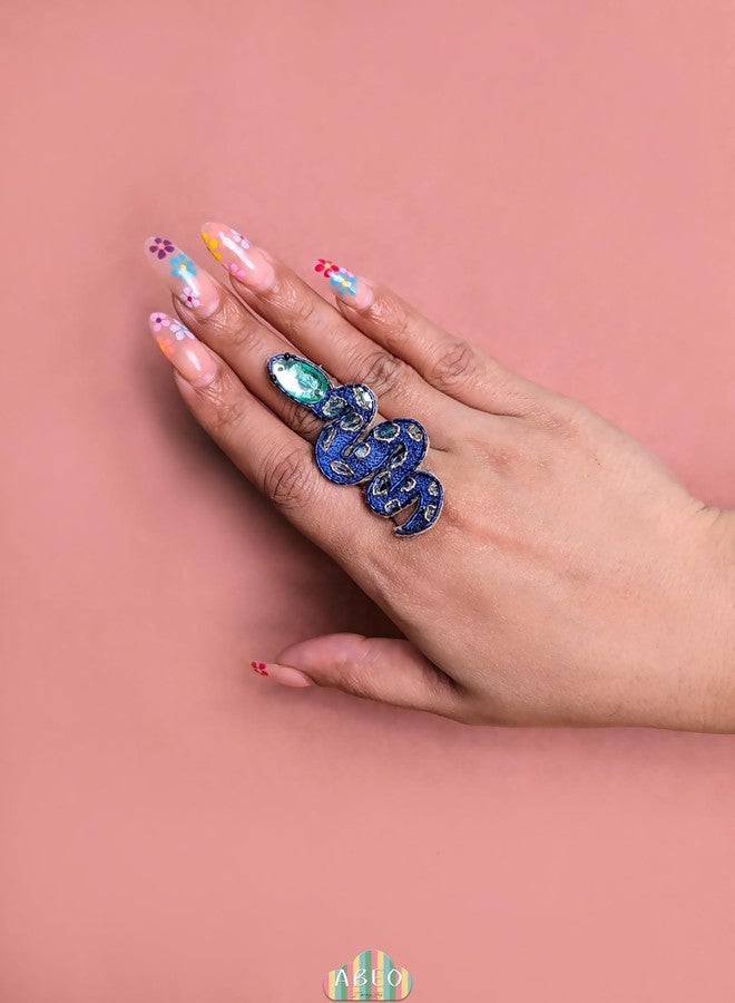 Abeo Handmade Snake Design Ring, Blue and Green Beaded, 3.8 cm Long, 2.5 cm Wide - Image 2
