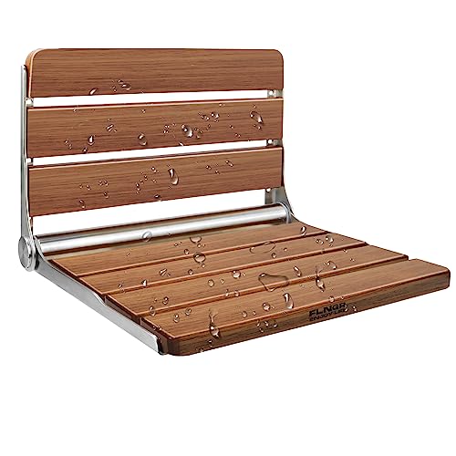 Flngr 18 inch Teak Folding Shower Seat Wall Mounted Foldable Shower Bench 400lbs Max Load SpaceSaving Fold Down Design for Seniors Elderly  Small Shower Spaces 
