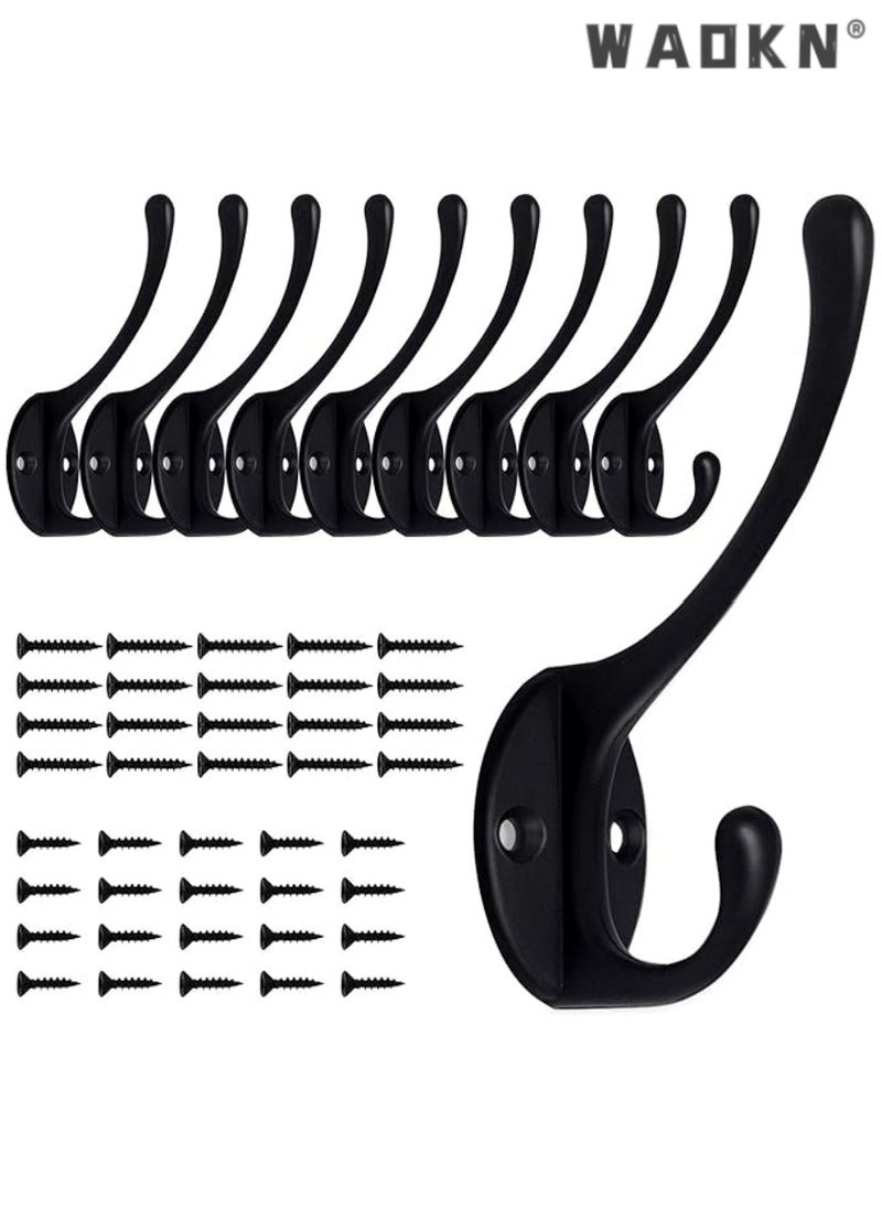 WAOKN 10 Pack Heavy Duty Dual Coat Hooks Wall Mounted with 40 Screws Retro Double Hooks Utility Black Hooks for Coat, Scarf, Bag, Towel, Key, Cap, Cup, Hat (Black)  - Image 1