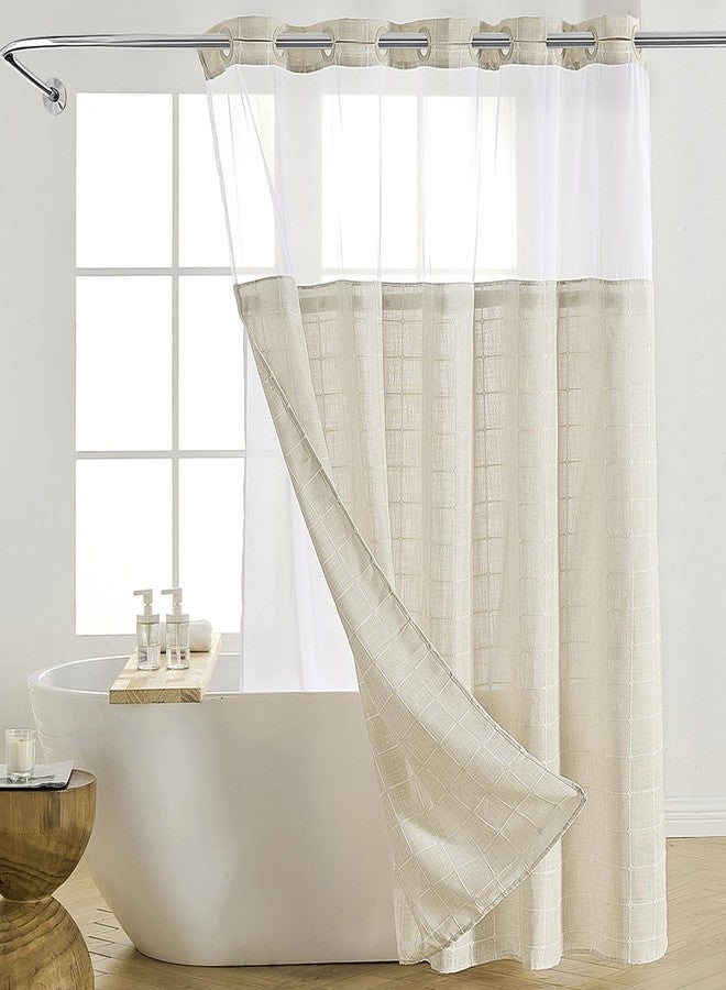 Nesphy No Hook Shower Curtain with Snap in Liner, Beige Boho Farmhouse Linen Rustic Heavy Duty Textured Fabric Bohemian Double Layers Waterproof Shower Curtain and Liner with Sheer Window 71x74 Inch - Image 1
