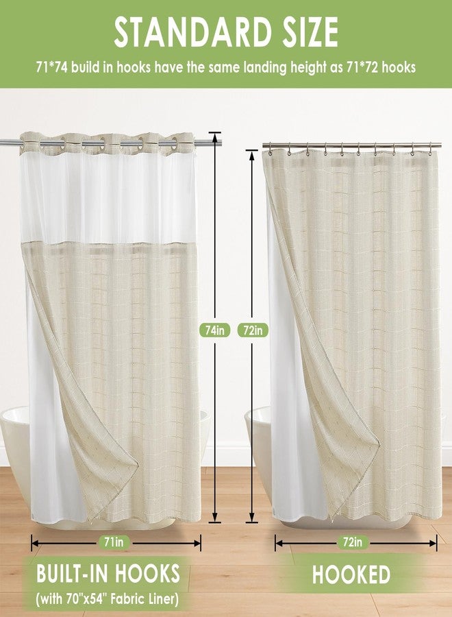 Nesphy No Hook Shower Curtain with Snap in Liner, Beige Boho Farmhouse Linen Rustic Heavy Duty Textured Fabric Bohemian Double Layers Waterproof Shower Curtain and Liner with Sheer Window 71x74 Inch - Image 2