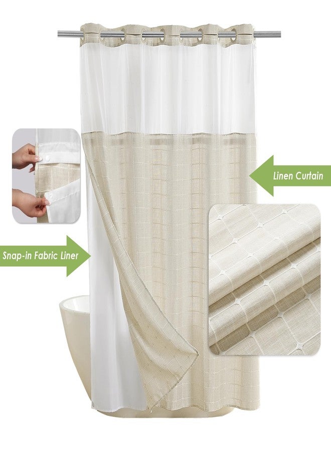 Nesphy No Hook Shower Curtain with Snap in Liner, Beige Boho Farmhouse Linen Rustic Heavy Duty Textured Fabric Bohemian Double Layers Waterproof Shower Curtain and Liner with Sheer Window 71x74 Inch - Image 3