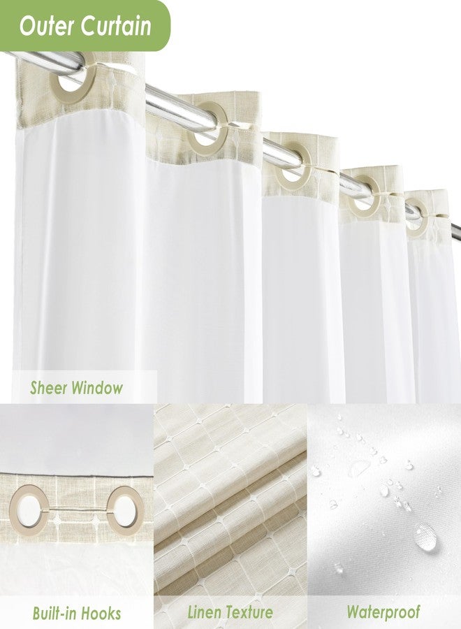 Nesphy No Hook Shower Curtain with Snap in Liner, Beige Boho Farmhouse Linen Rustic Heavy Duty Textured Fabric Bohemian Double Layers Waterproof Shower Curtain and Liner with Sheer Window 71x74 Inch - Image 4
