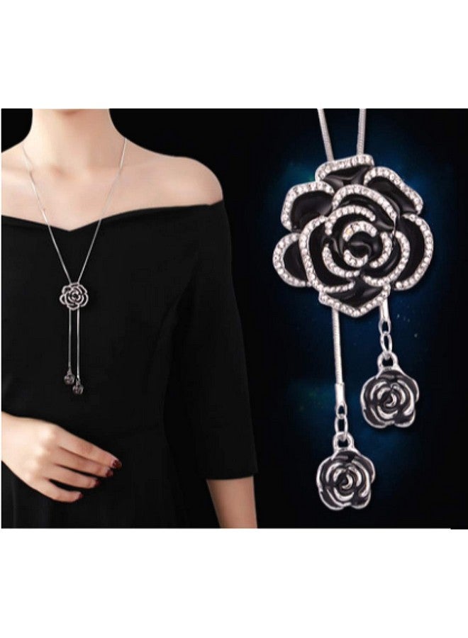 Sither قلادة طويلة من حجر الراين الأسود على شكل وردة للنساء من Cathercing سلسلة سترة قلادة قصيرة قابلة للتعديل مجوهرات أنيقة إكسسوارات كريستالية مجموعة أنيقة لحفلات المساء الشتوية وحفلات الزفاف - Image 3