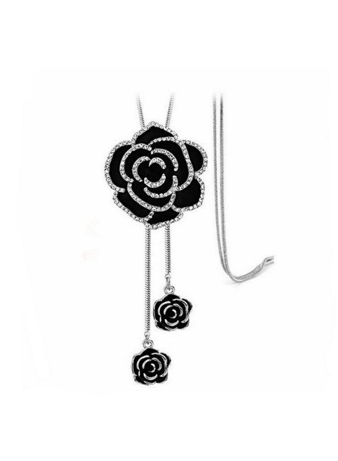 Sither قلادة طويلة من حجر الراين الأسود على شكل وردة للنساء من Cathercing سلسلة سترة قلادة قصيرة قابلة للتعديل مجوهرات أنيقة إكسسوارات كريستالية مجموعة أنيقة لحفلات المساء الشتوية وحفلات الزفاف - Image 1