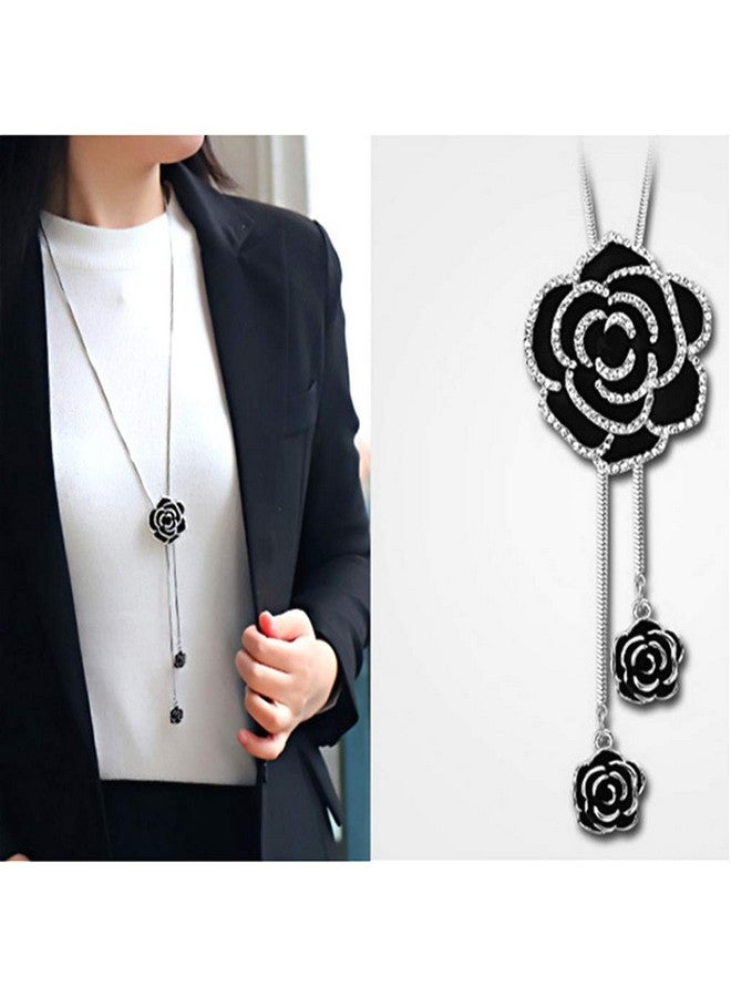 Sither قلادة طويلة من حجر الراين الأسود على شكل وردة للنساء من Cathercing سلسلة سترة قلادة قصيرة قابلة للتعديل مجوهرات أنيقة إكسسوارات كريستالية مجموعة أنيقة لحفلات المساء الشتوية وحفلات الزفاف - Image 2