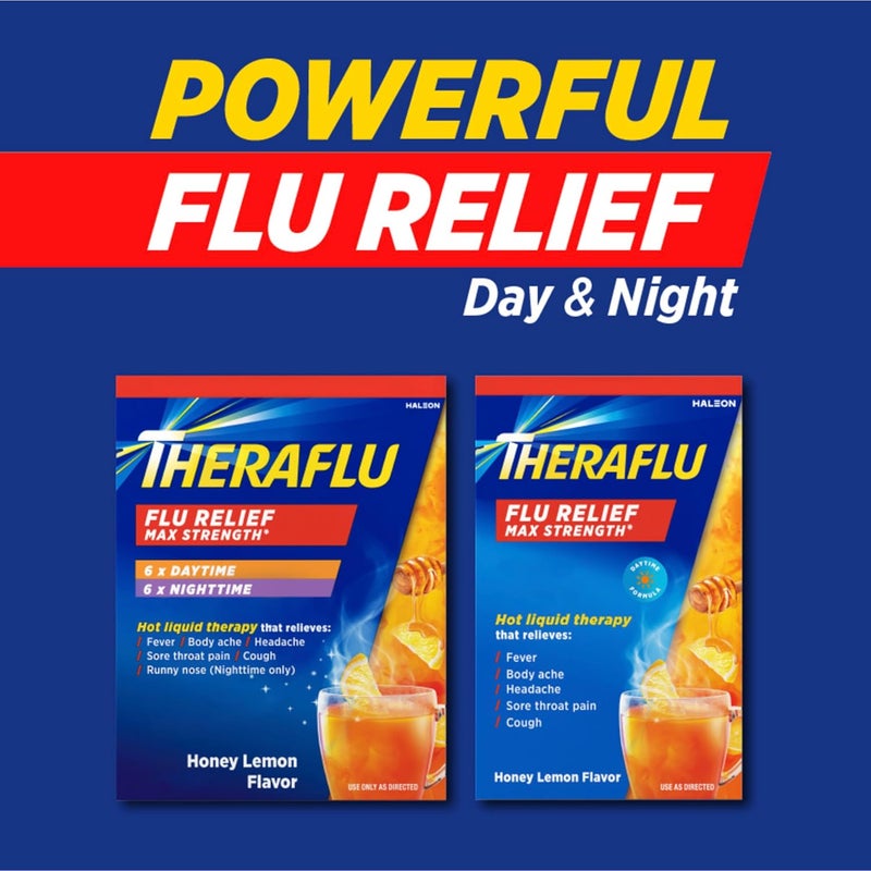 Theraflu مسكن أعراض الإنفلونزا بقوة قصوى نهاري وليلي بنكهة العسل والليمون - مسحوق 6 نهاري 6 ليلي 6 عبوات مسحوق بنكهة العسل والليمون - Image 5