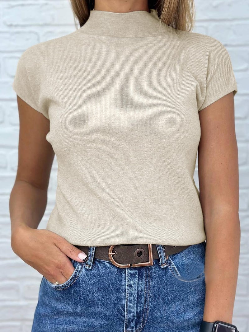 Saodimallsu Womens Short Sleeve Sweater Mock Neck Summer Casual Basic Knit Slim Fitted Pullover Tops Shirt Khaki - Image 2