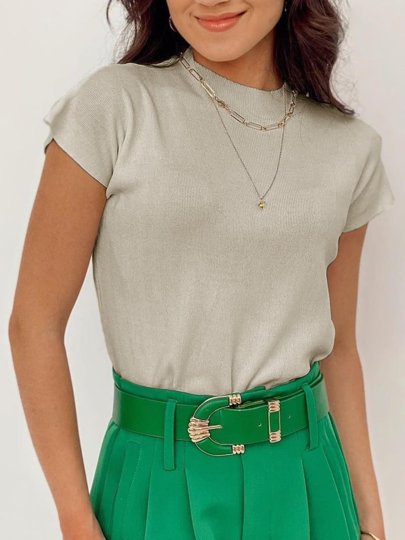 Saodimallsu Womens Short Sleeve Sweater Mock Neck Summer Casual Basic Knit Slim Fitted Pullover Tops Shirt Khaki - Image 4