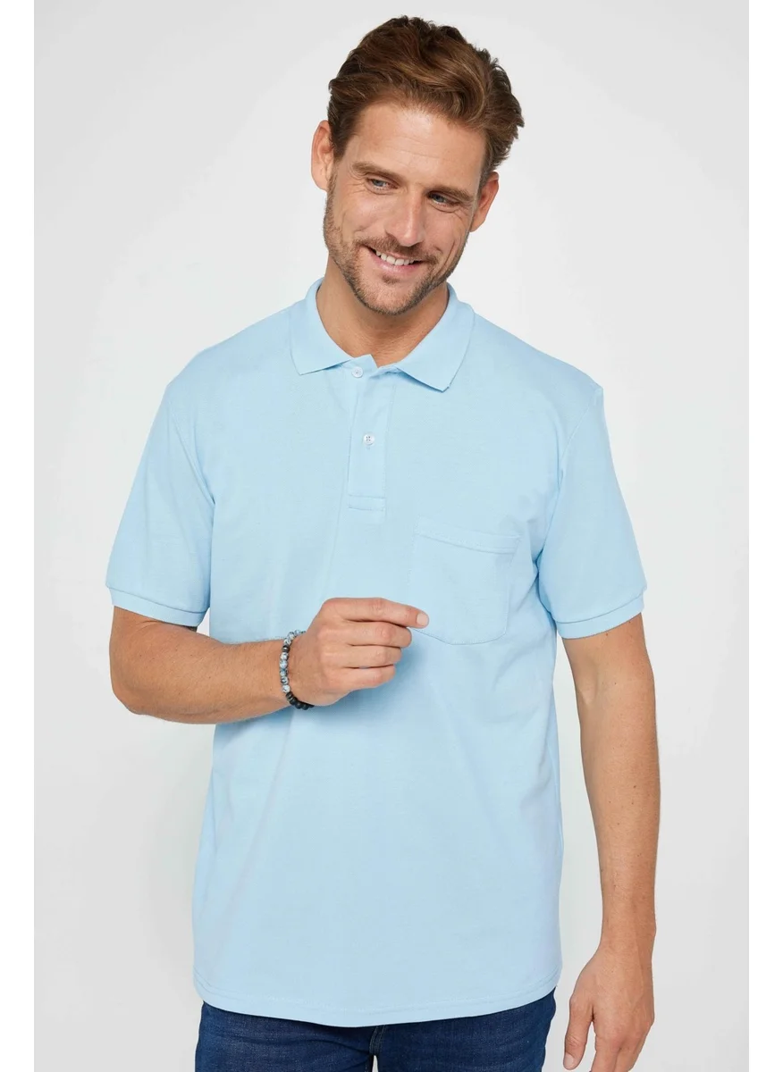 تودورس Men's Classic Fit Relaxed Cut Cotton Plain Piqué Blue Polo Neck T-Shirt