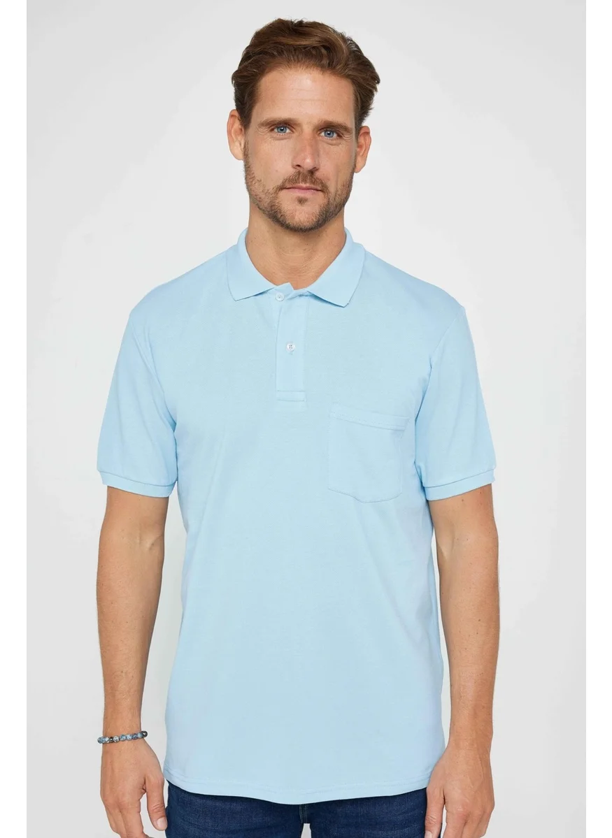 تودورس Men's Classic Fit Relaxed Cut Cotton Plain Piqué Blue Polo Neck T-Shirt