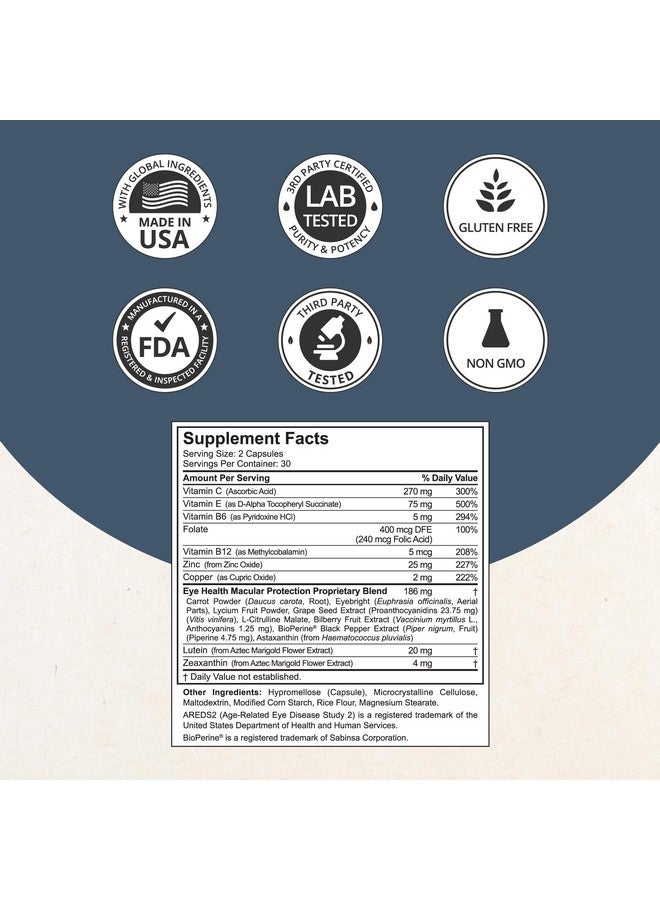 NuBest AREDS 2 Eye Vitamins Eye Health with Beta Carotene Carrot Powder, 20mg Lutein, 4mg Zeaxanthin, Bilberry, Grape Seed, BioPerine, B-Complex, Multivitamin for Eye Health - 60 Vegan Capsules - Image 4