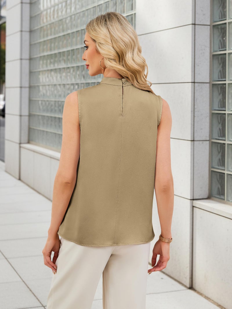 Funlingo Womens Dressy Tank Tops Summer Sleeveless Satin Silk Blouse Business Casual Mock Neck Tunic Work Shirt Pleated Clothes Khaki M - Image 4