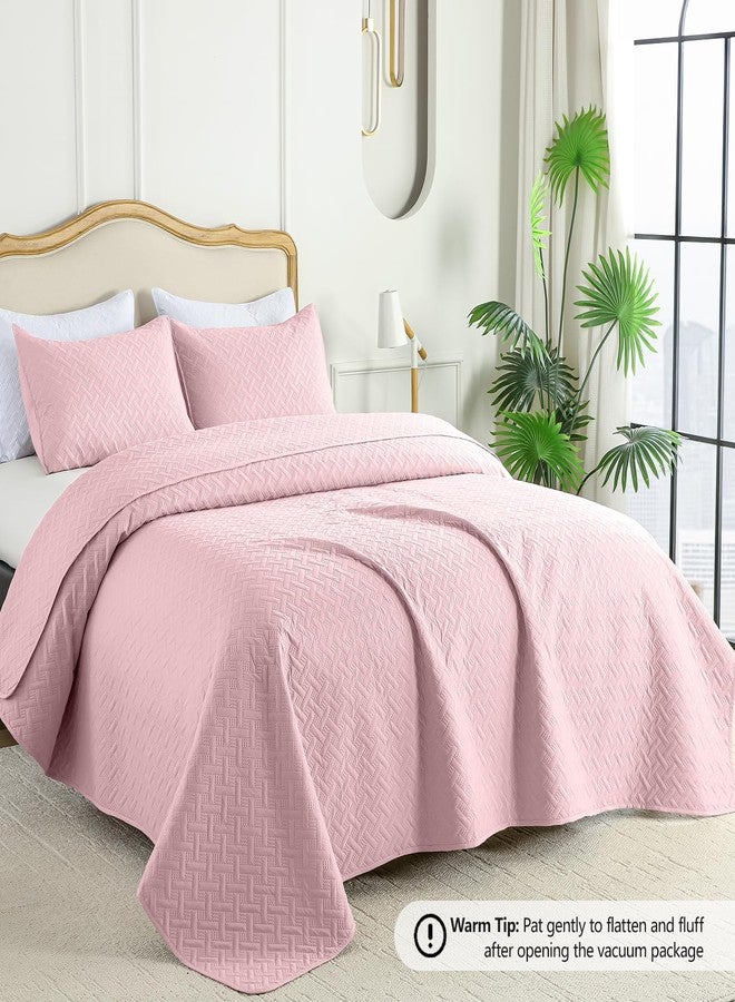 FLYMME King Size Quilt Bedding Set Pink Lightweight Bedspreads Set,Modern Style Geometric Weave Stripe Pattern,Soft Microfiber Bed Coverlet 3 Pieces (1 Quilt, 2 Shams) - Image 2