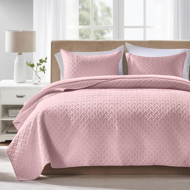 FLYMME King Size Quilt Bedding Set Pink Lightweight Bedspreads Set,Modern Style Geometric Weave Stripe Pattern,Soft Microfiber Bed Coverlet 3 Pieces (1 Quilt, 2 Shams) - Image 1