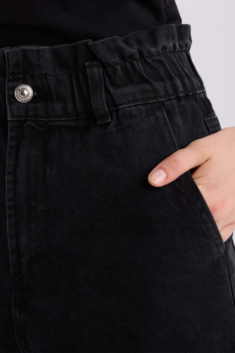 DeFacto Black Woman Paperbag High Waist Folded Leg Denim Shorts Casual - Image 5