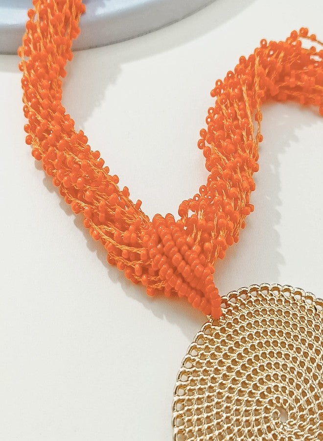 Bocar Statement Multi Layer Beaded Handmade Circle Pendant 20" Costume Necklace for Women (NK-10678-orange) - Image 4