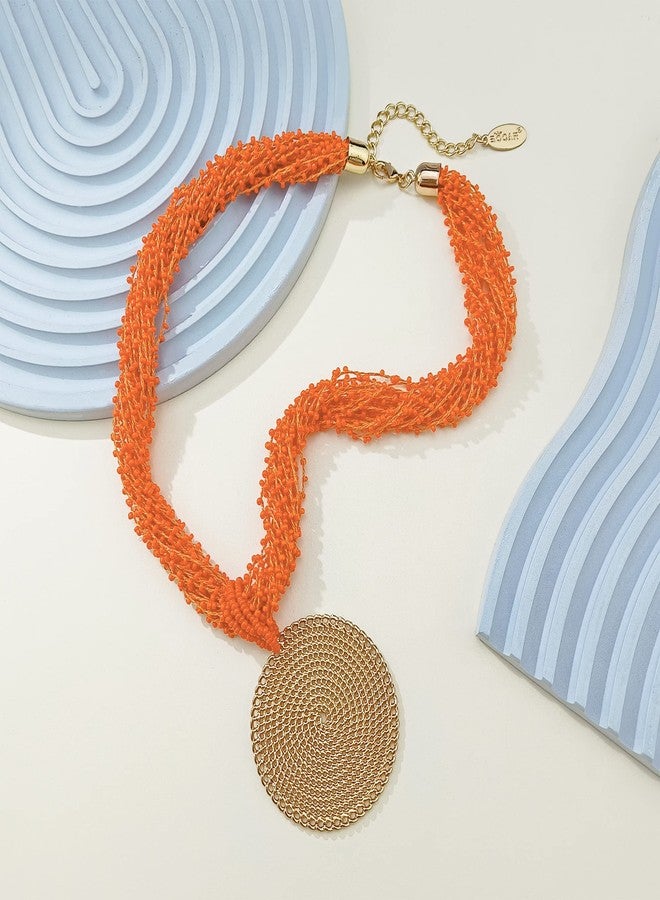 Bocar Statement Multi Layer Beaded Handmade Circle Pendant 20" Costume Necklace for Women (NK-10678-orange) - Image 3