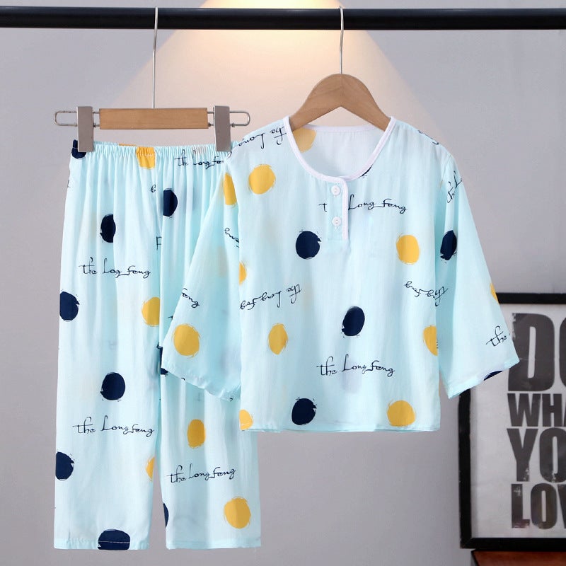 Wholesale childrens cotton silk pajamas summer thin long sleeve suit boys and girls baby air conditioning clothing cotton silk home clothes Pale Green Dot 