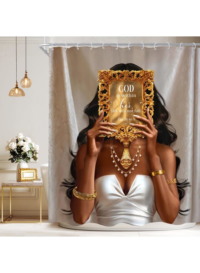 Cinbloo African American 60Wx72H Shower Curtain Black Girl Golden Mirrow Inspirational Quotes Modern Black Woman Fashion Positive Girly Bathroom Curtain Set Afro Lady Bath Bathroom Accessories Decor - Image 1