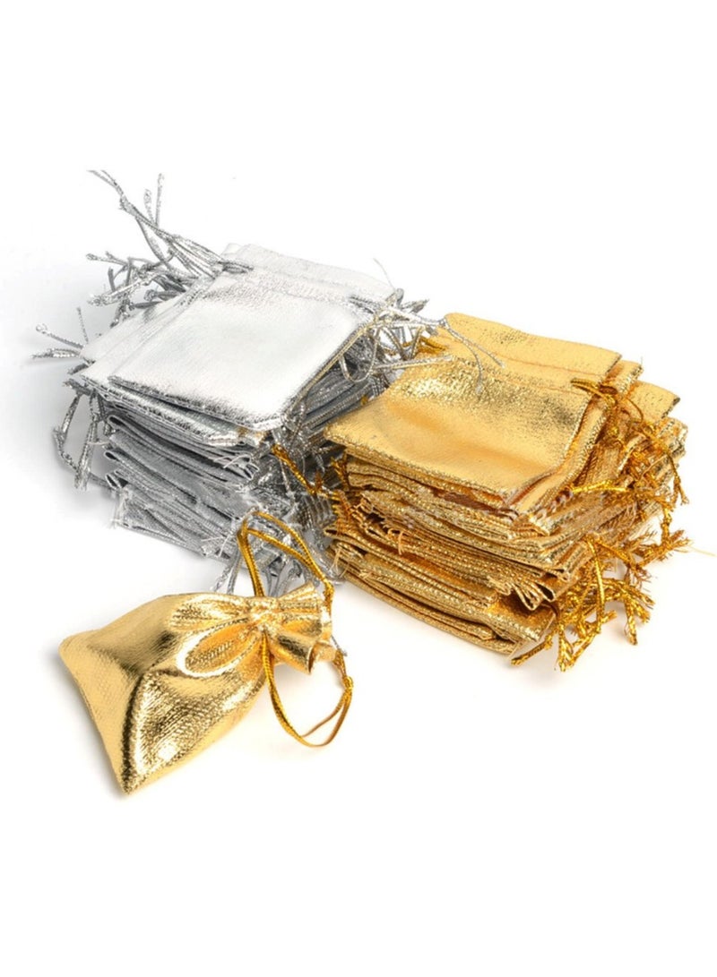 SYOSI 100 PCS 3X4 inches Drawstring Satin Bags Mixed Gold Silver Jewelry Wedding Party Marbles Coins Pouches Bag (100 pcs Mix Gold Silver) - Image 1