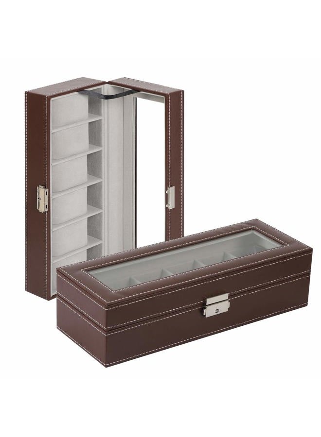 NEX Watch Case, 6 Slot Leather Watch Box Display Case Organizer Glass Jewelry Storage - Image 4