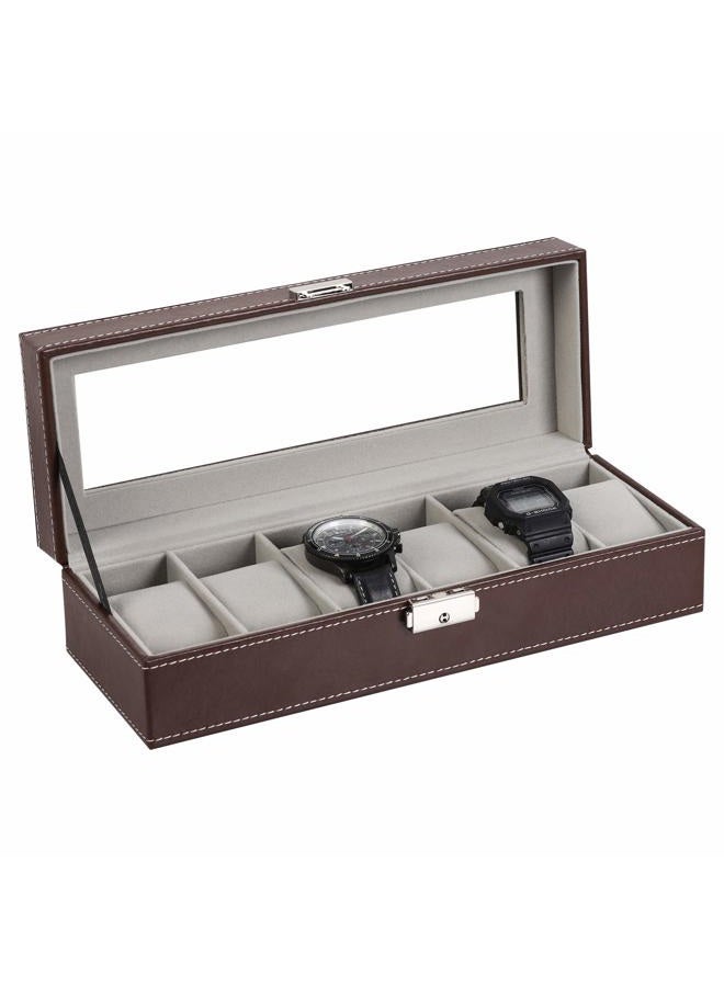 NEX Watch Case, 6 Slot Leather Watch Box Display Case Organizer Glass Jewelry Storage - Image 1