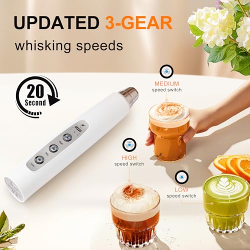 YUSWKO White Handheld Milk Frother Wand for Coffee, Rechargeable Electric Whisk with 3 Heads 3 Speeds Drink Mixer Coffee Frother For Latte, Cappuccino, Hot Chocolate, Egg - Image 3