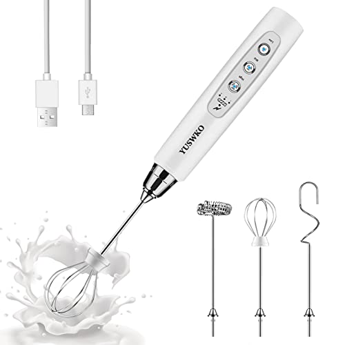 YUSWKO White Handheld Milk Frother Wand for Coffee, Rechargeable Electric Whisk with 3 Heads 3 Speeds Drink Mixer Coffee Frother For Latte, Cappuccino, Hot Chocolate, Egg - Image 1