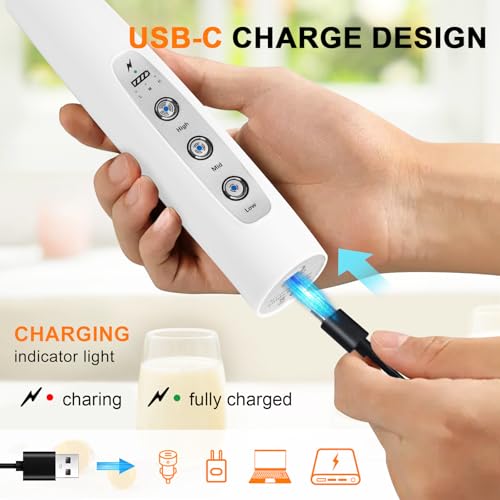 YUSWKO White Handheld Milk Frother Wand for Coffee, Rechargeable Electric Whisk with 3 Heads 3 Speeds Drink Mixer Coffee Frother For Latte, Cappuccino, Hot Chocolate, Egg - Image 2