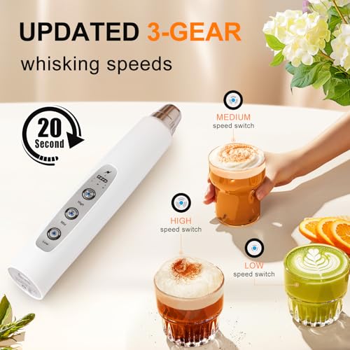 YUSWKO White Handheld Milk Frother Wand for Coffee, Rechargeable Electric Whisk with 3 Heads 3 Speeds Drink Mixer Coffee Frother For Latte, Cappuccino, Hot Chocolate, Egg - Image 4