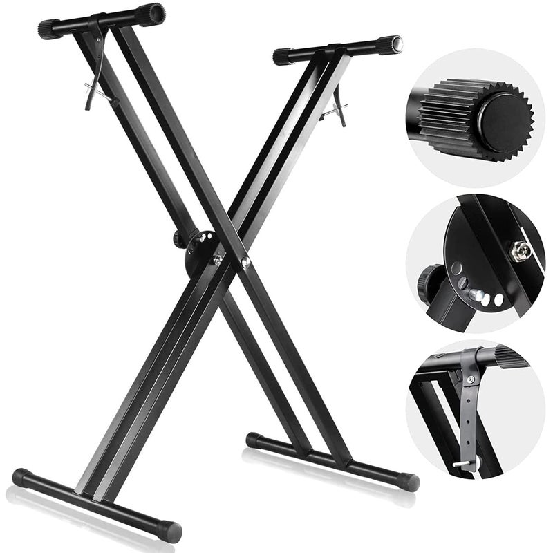 Device Of Urban Infotech حامل لوحة مفاتيح ثقيل مزدوج الدعائم بتصميم X قابل للتعديل مع أحزمة قفل حامل لوحة مفاتيح مزدوجة X للوحة مفاتيح 61 و 76 و 88 مفتاحًا - Image 1