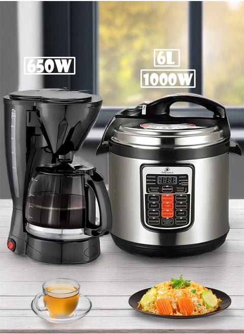 2 in 1 set of 6L 1000W electric pressure cooker and 650W coffee maker with detachable filter
