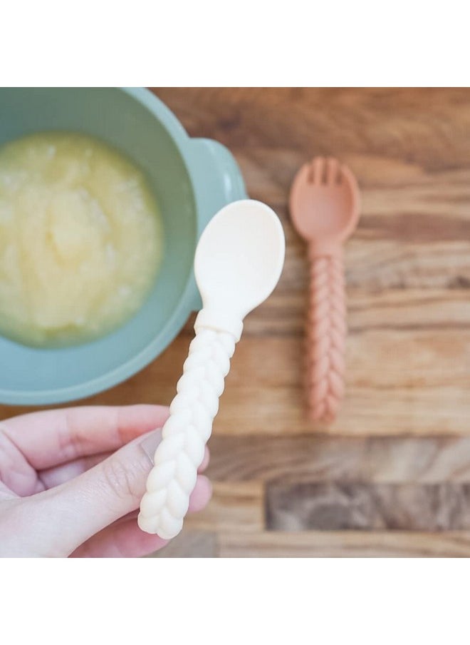 Itzy Ritzy Itzy Ritzy Silicone Spoon & Fork Set Baby Utensils Featuring a Baby Fork and Spoon with Looped, Braided Handles - Made of 100% Food Grade Silicone & BPA-Free - 6 Months and Up (Buttercream and Toffee)  - Image 2