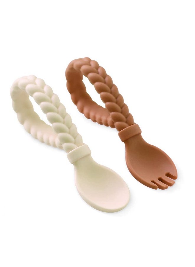 Itzy Ritzy Itzy Ritzy Silicone Spoon & Fork Set Baby Utensils Featuring a Baby Fork and Spoon with Looped, Braided Handles - Made of 100% Food Grade Silicone & BPA-Free - 6 Months and Up (Buttercream and Toffee)  - Image 1