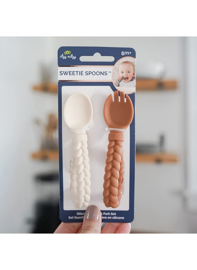 Itzy Ritzy Itzy Ritzy Silicone Spoon & Fork Set Baby Utensils Featuring a Baby Fork and Spoon with Looped, Braided Handles - Made of 100% Food Grade Silicone & BPA-Free - 6 Months and Up (Buttercream and Toffee)  - Image 3
