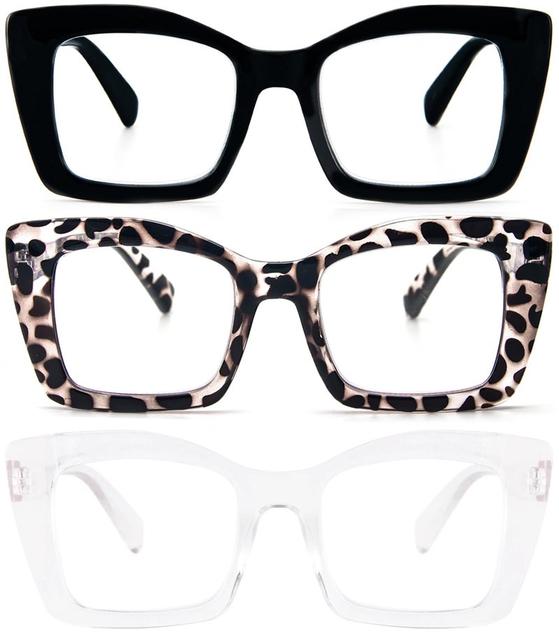 REAVEE 3 Pack Oversized Square Reading Glasses Oprah Style for Women Blue Light Blocking Large Frame Computer Designer Fashion Readers with Spring Hinge BlackTransparent TortoiseClear125 - Image 3