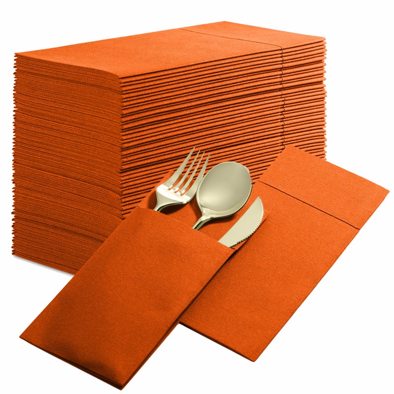 Disposable Linen-Feel Dinner Napkins with Built-in Flatware Pocket  50-Pack ORANGE Prefolded Cloth Like Paper Napkins For Dinner  Wedding Or Party [Silverware NOT Included]