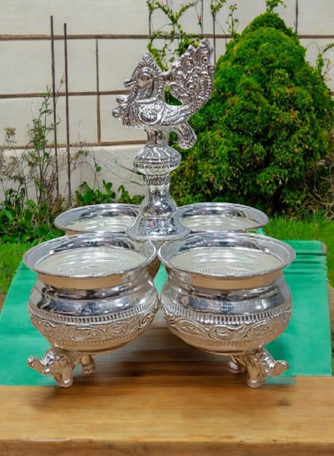 Sigaram Silver-Plated Brass Panch Kumkum Cup with Peacock Handle | 4-Cup Haldi Kumkum Holder, for Home Pooja Decore K4496, Height 17 cm, Weight 375g - Image 5