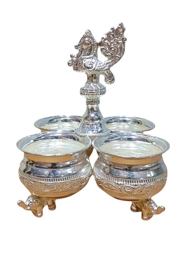 Sigaram Silver-Plated Brass Panch Kumkum Cup with Peacock Handle | 4-Cup Haldi Kumkum Holder, for Home Pooja Decore K4496, Height 17 cm, Weight 375g - Image 1