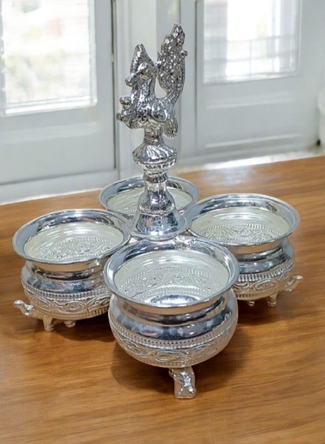 Sigaram Silver-Plated Brass Panch Kumkum Cup with Peacock Handle | 4-Cup Haldi Kumkum Holder, for Home Pooja Decore K4496, Height 17 cm, Weight 375g - Image 2