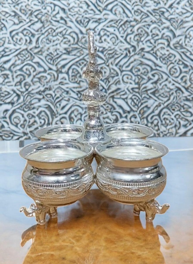 Sigaram Silver-Plated Brass Panch Kumkum Cup with Peacock Handle | 4-Cup Haldi Kumkum Holder, for Home Pooja Decore K4496, Height 17 cm, Weight 375g - Image 3