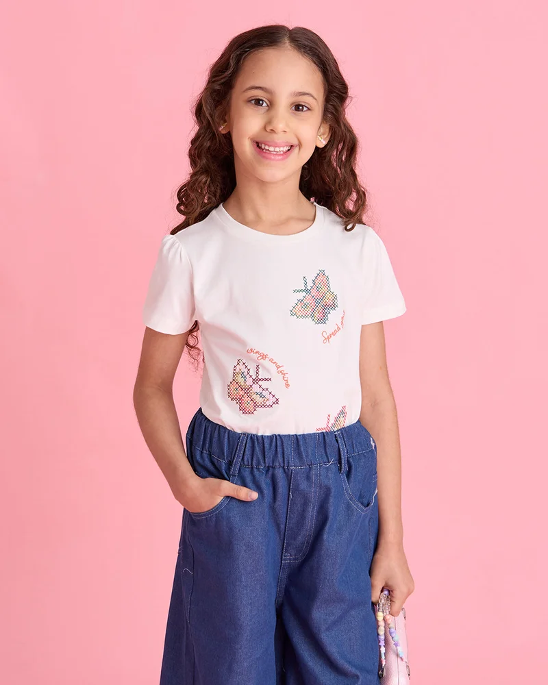 Redtag Girls White Butterfly Embellished T-Shirt