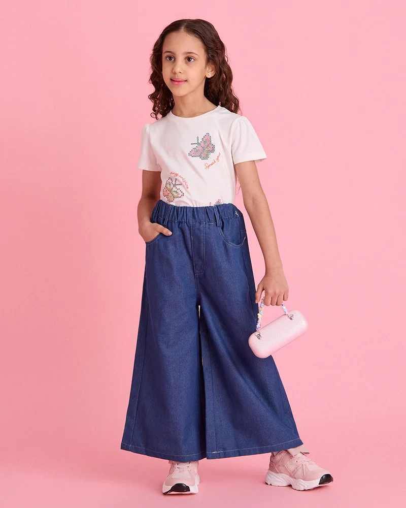 Redtag Girls White Butterfly Embellished T-Shirt