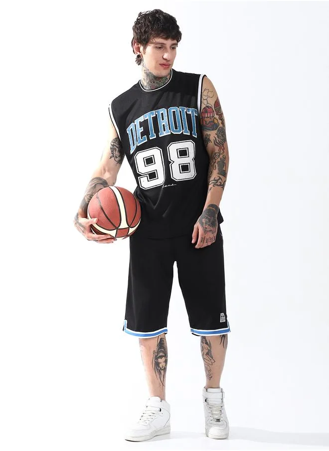 هوبرهولمي Men's Black 100% Polyester Printed Cropped Bermuda Oversized Co-Ords