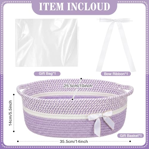 Colingmill Woven Gift Basket Empty with Handles Ribbons Bow Tie Bag 14 x 10 x 55 Inch Medium Decorative Woven Gift Basket Rope Storage Box Home Decor14 x 10 x 55 InchLight Purple White - Image 3
